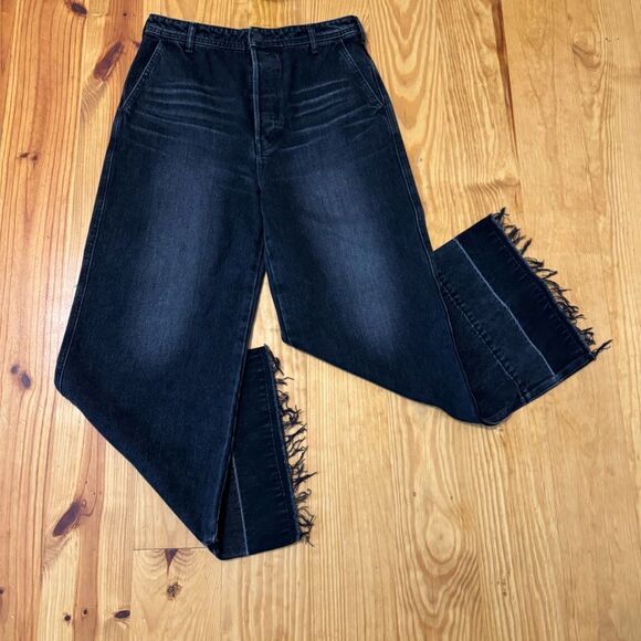 Moussy Vintage Elba Center Press Wide Crop Jean Black Wash Ankle Cotton Fray 28 - Picture 2 of 13